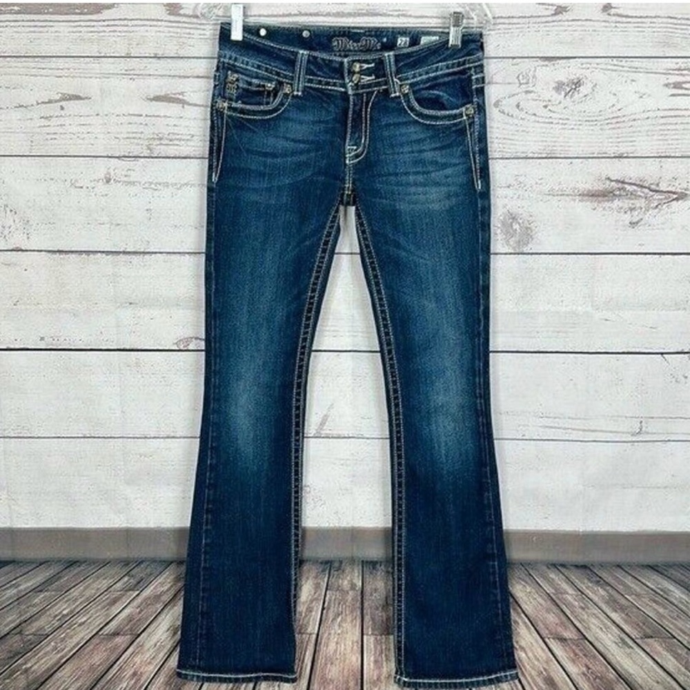 Miss Me Jeans Womens 28 Boot cut Long Blue Stretch Low Waist Embellished Rodeo